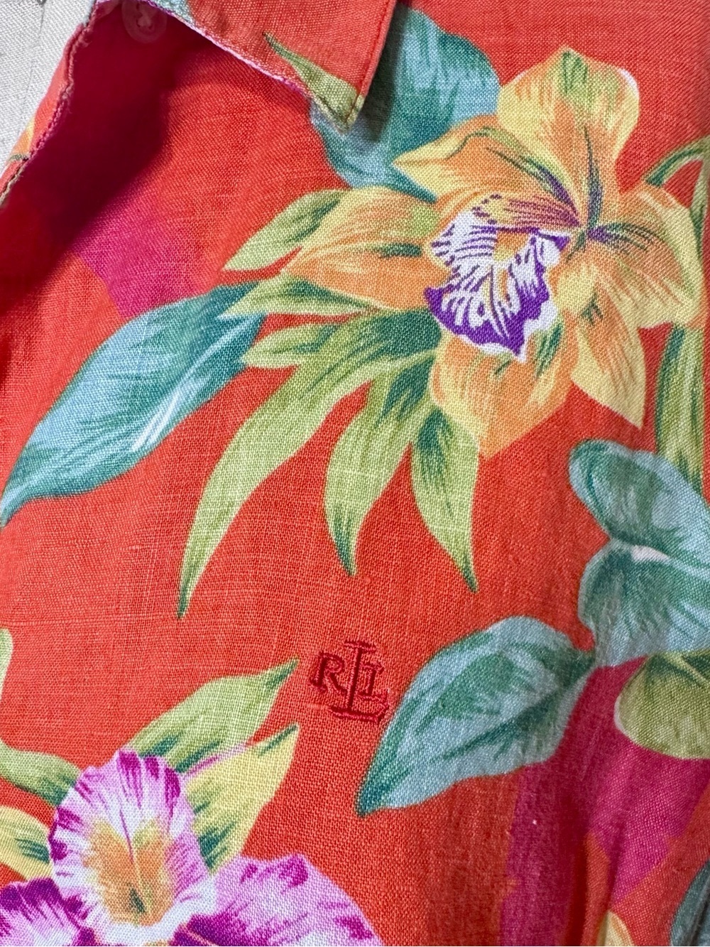 Lauren Ralph Lauren 100% Linen Tropical Hawaiian Button Down Shirt Womens Large - Picture 9 of 10